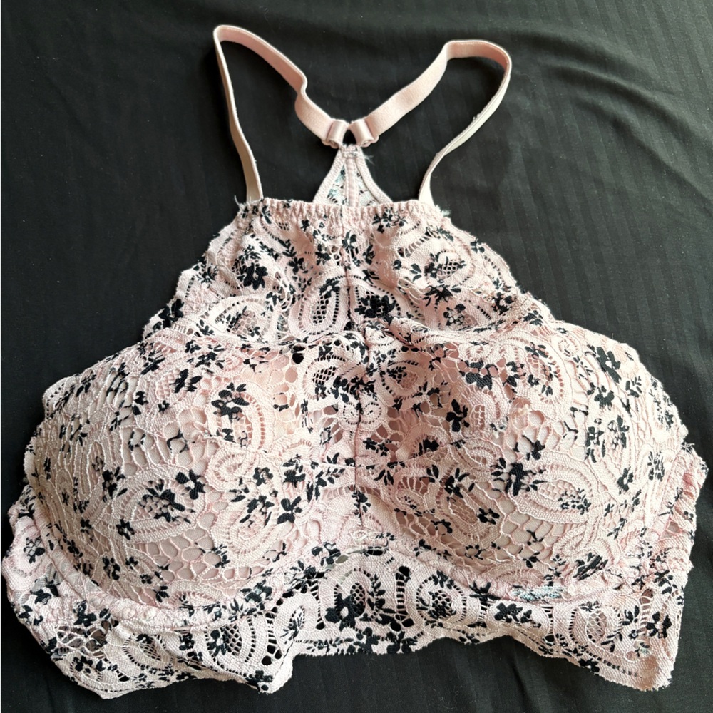 PINK Victoria's Secret Pink Lace Bralette with Black Floral Overlay